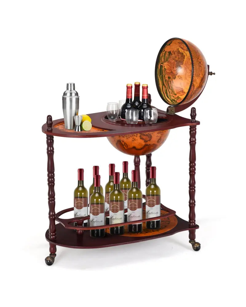 Vintage Globe Rolling Wine Bar Cart with Extra Shelf - Brown - Wine Racks