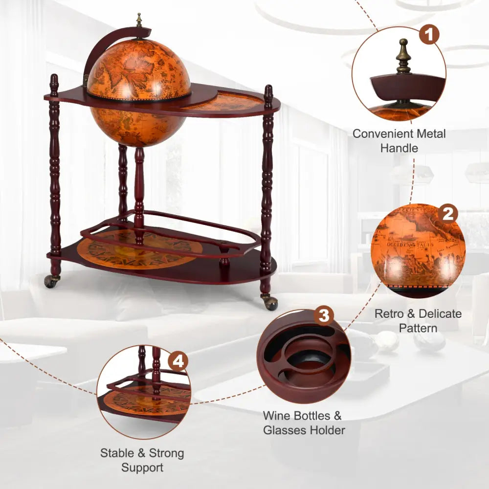 Vintage Globe Rolling Wine Bar Cart with Extra Shelf - Brown - Wine Racks