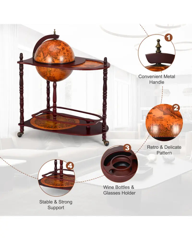 Vintage Globe Rolling Wine Bar Cart with Extra Shelf - Brown - Wine Racks