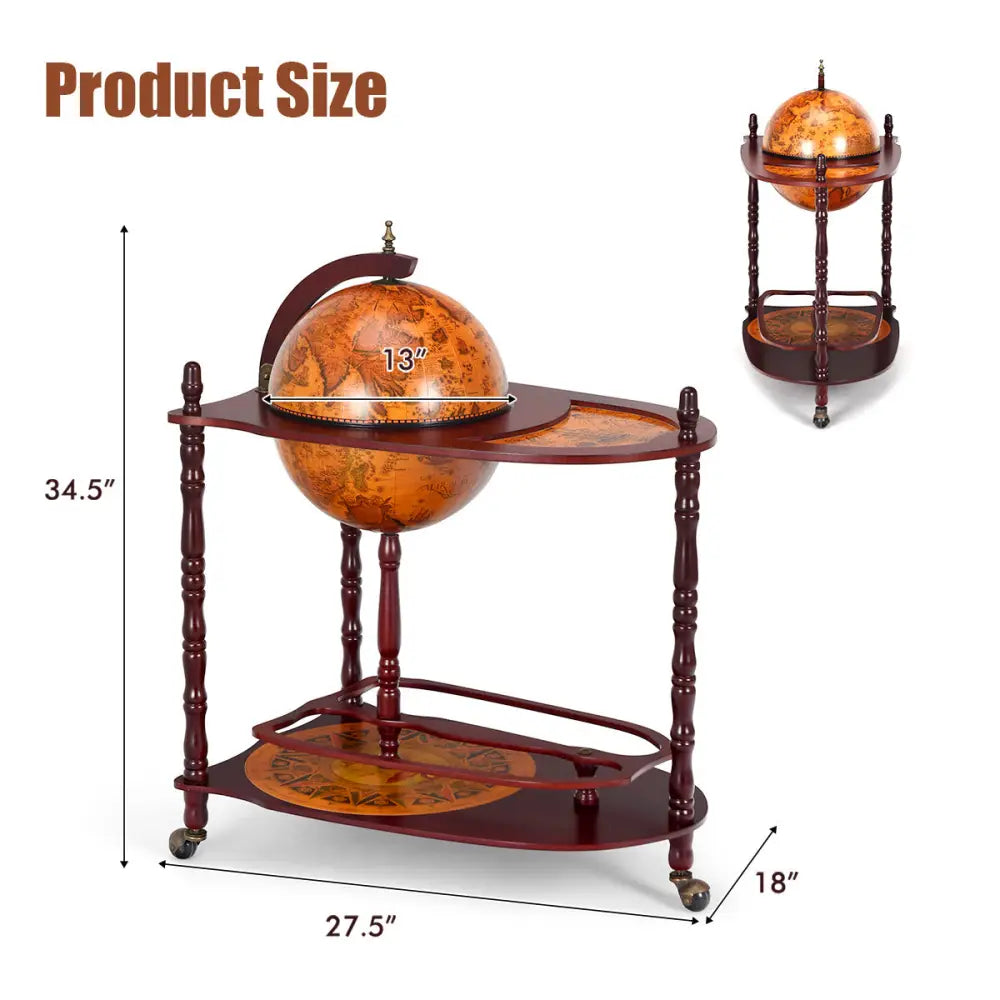 Vintage Globe Rolling Wine Bar Cart with Extra Shelf - Brown - Wine Racks