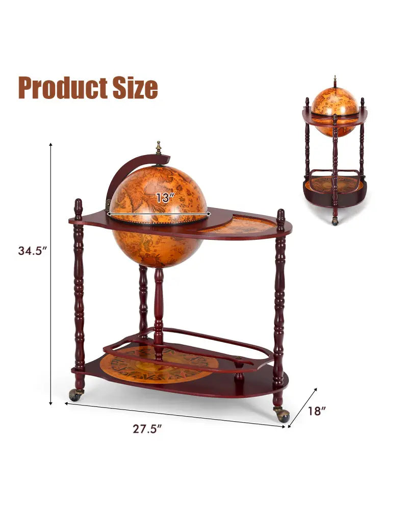 Vintage Globe Rolling Wine Bar Cart with Extra Shelf - Brown - Wine Racks