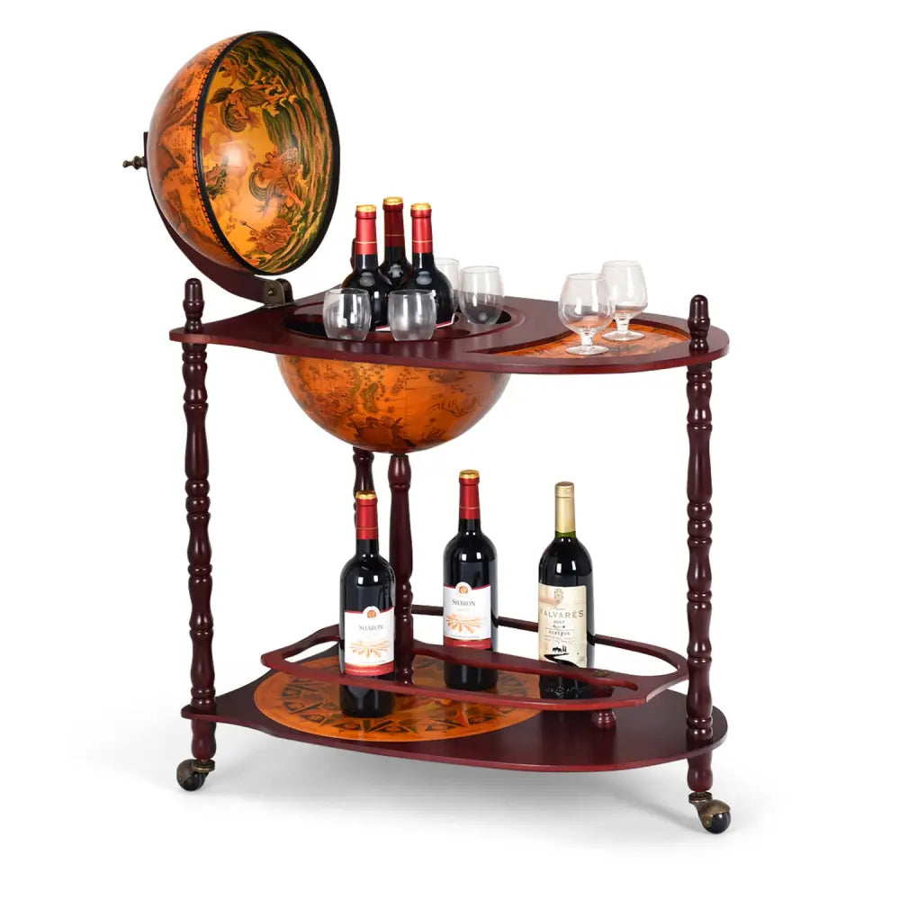 Vintage Globe Rolling Wine Bar Cart with Extra Shelf - Brown - Wine Racks