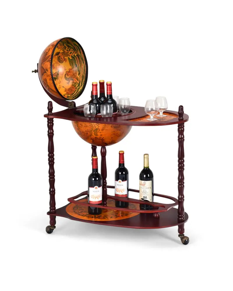 Vintage Globe Rolling Wine Bar Cart with Extra Shelf - Brown - Wine Racks
