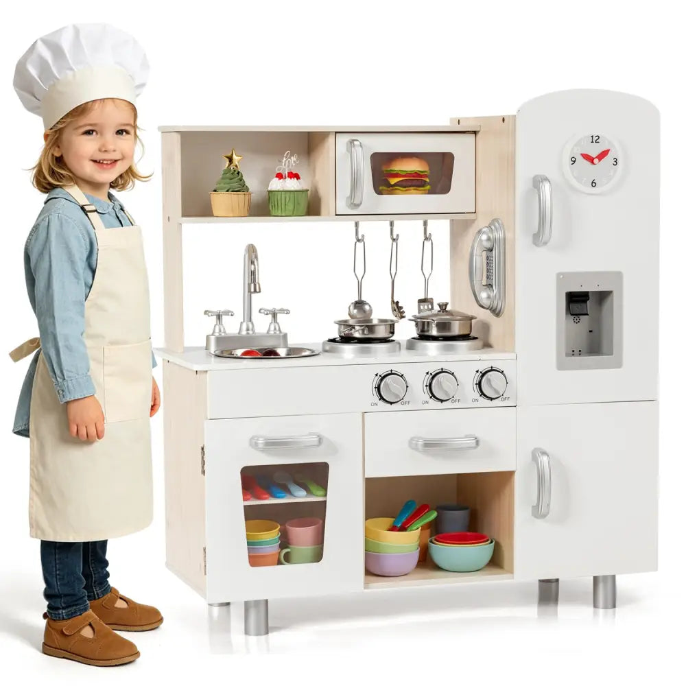 Vintage Play Kitchen Pretend Kids Cooking Playset Toys with Water Dispense - White - Play Kitchen Sets