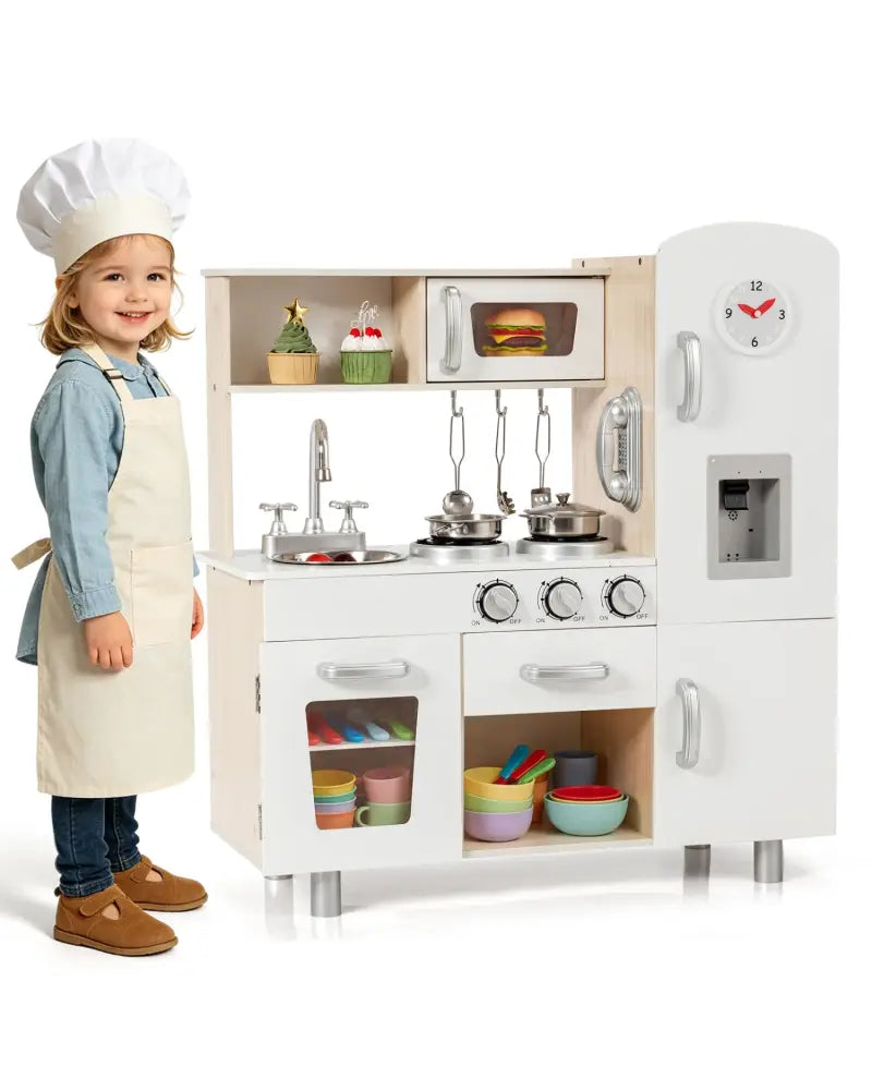 Vintage Play Kitchen Pretend Kids Cooking Playset Toys with Water Dispense - White - Play Kitchen Sets