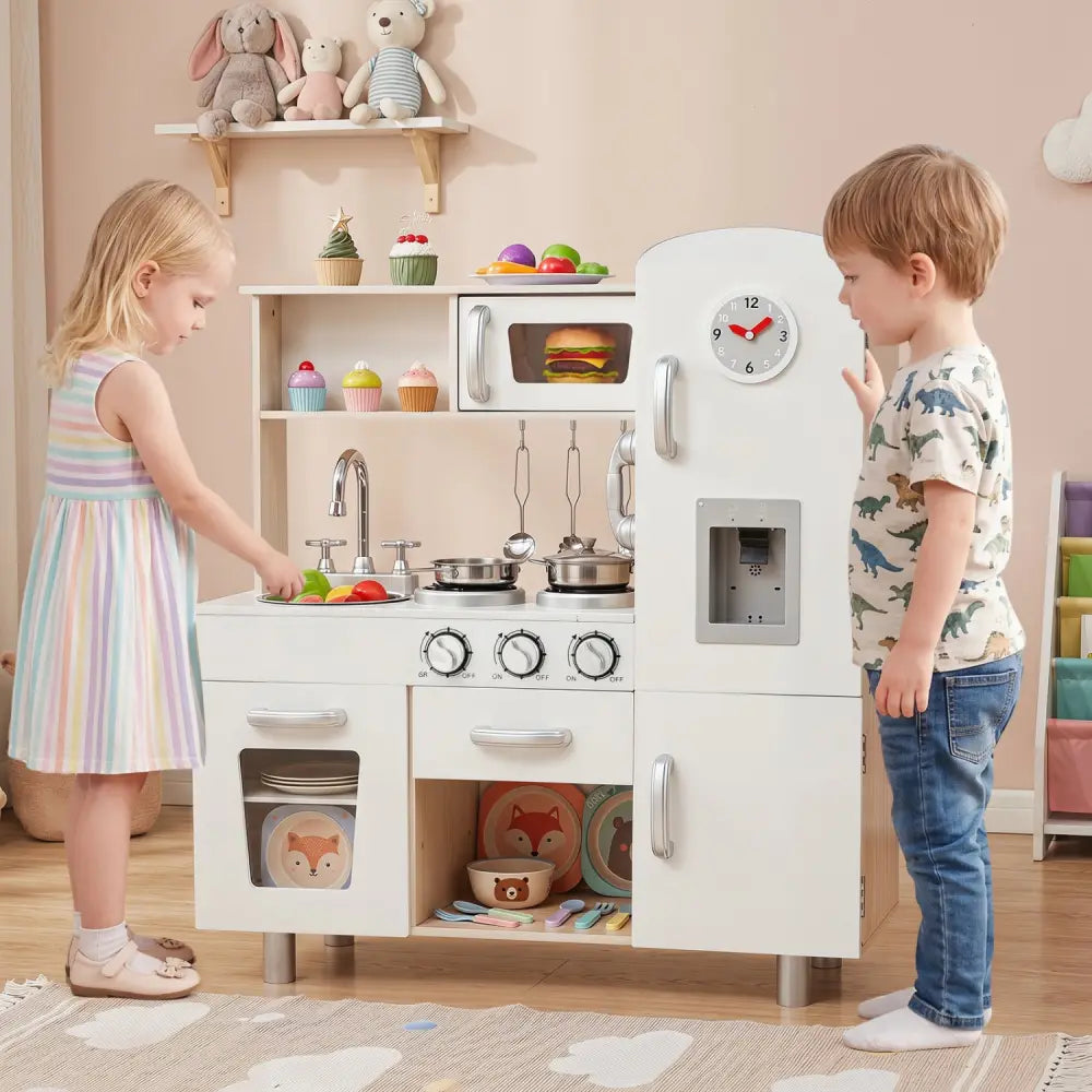 Vintage Play Kitchen Pretend Kids Cooking Playset Toys with Water Dispense - White - Play Kitchen Sets