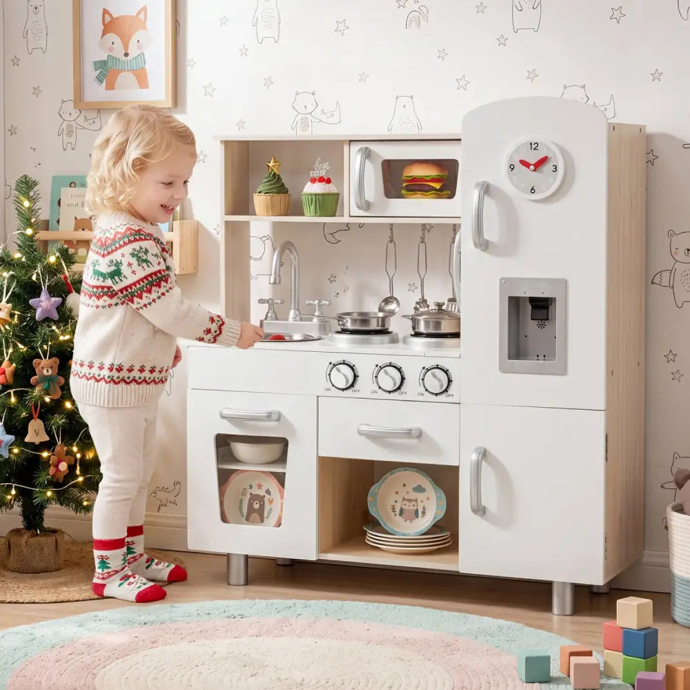 Vintage Play Kitchen Pretend Kids Cooking Playset Toys with Water Dispense - White - Play Kitchen Sets