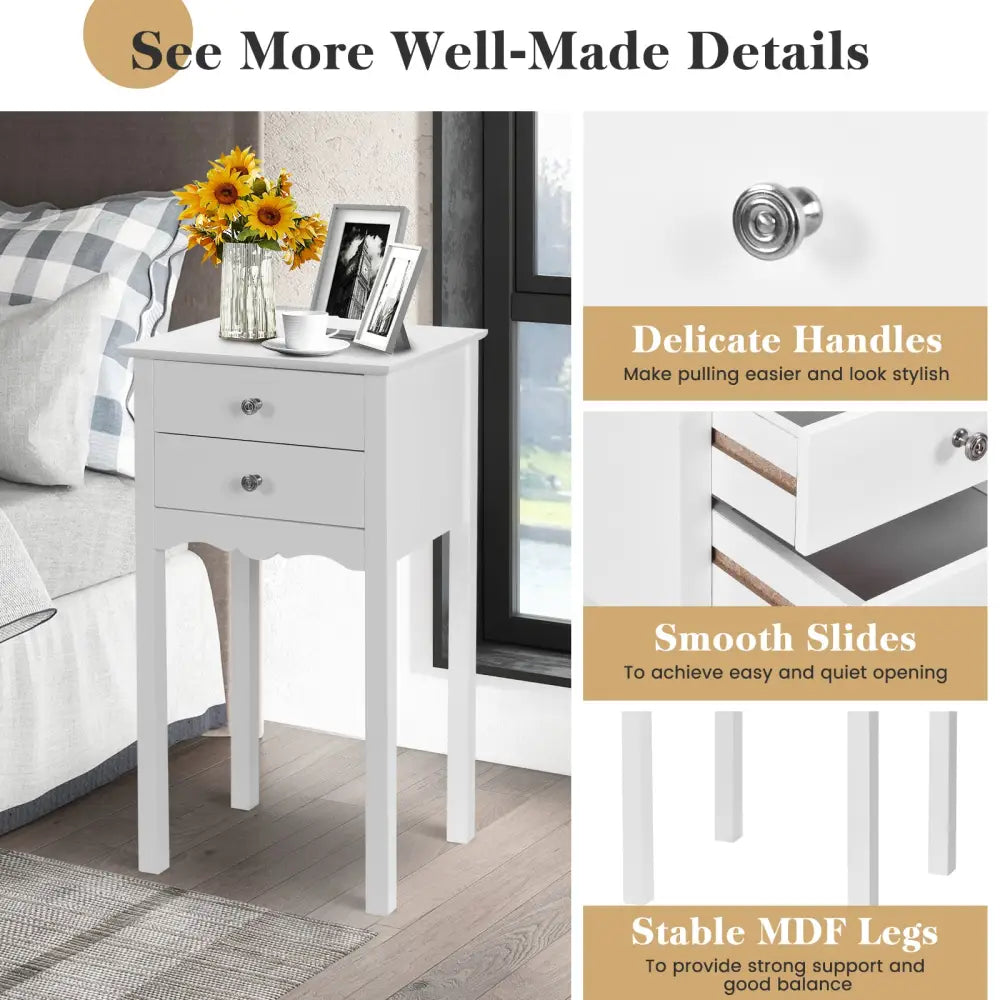 Vintage Side End Table with 2 Storage Drawers-White - White - End & Side Tables