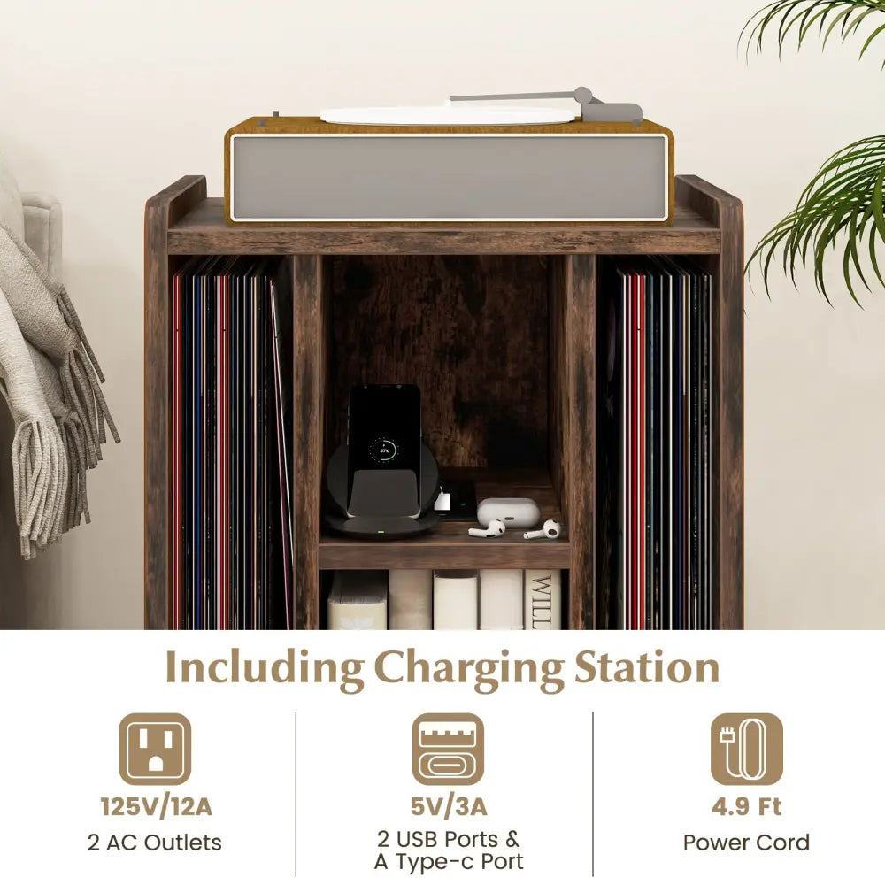 Vinyl Record Storage Turntable Stand with 4 Open Shelves-Brown - Brown - End & Side Tables