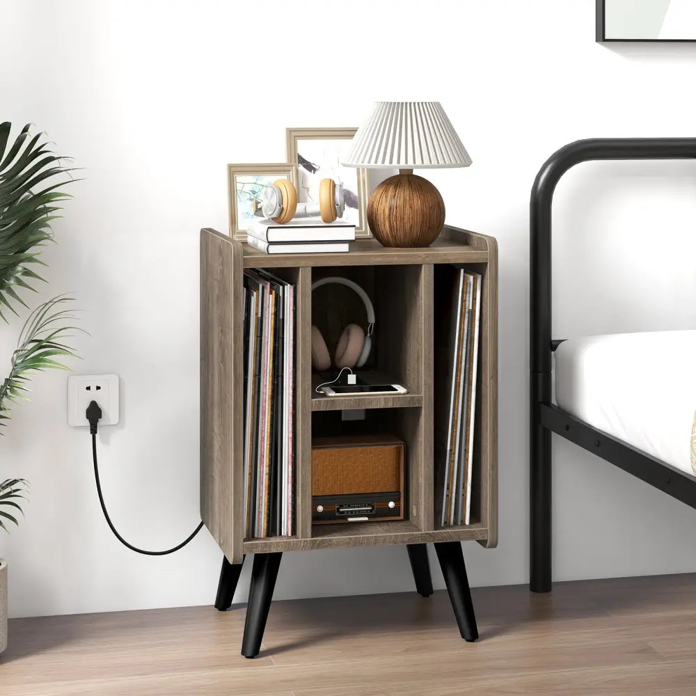 Vinyl Record Storage Turntable Stand with 4 Open Shelves-Gray - Gray - End & Side Tables