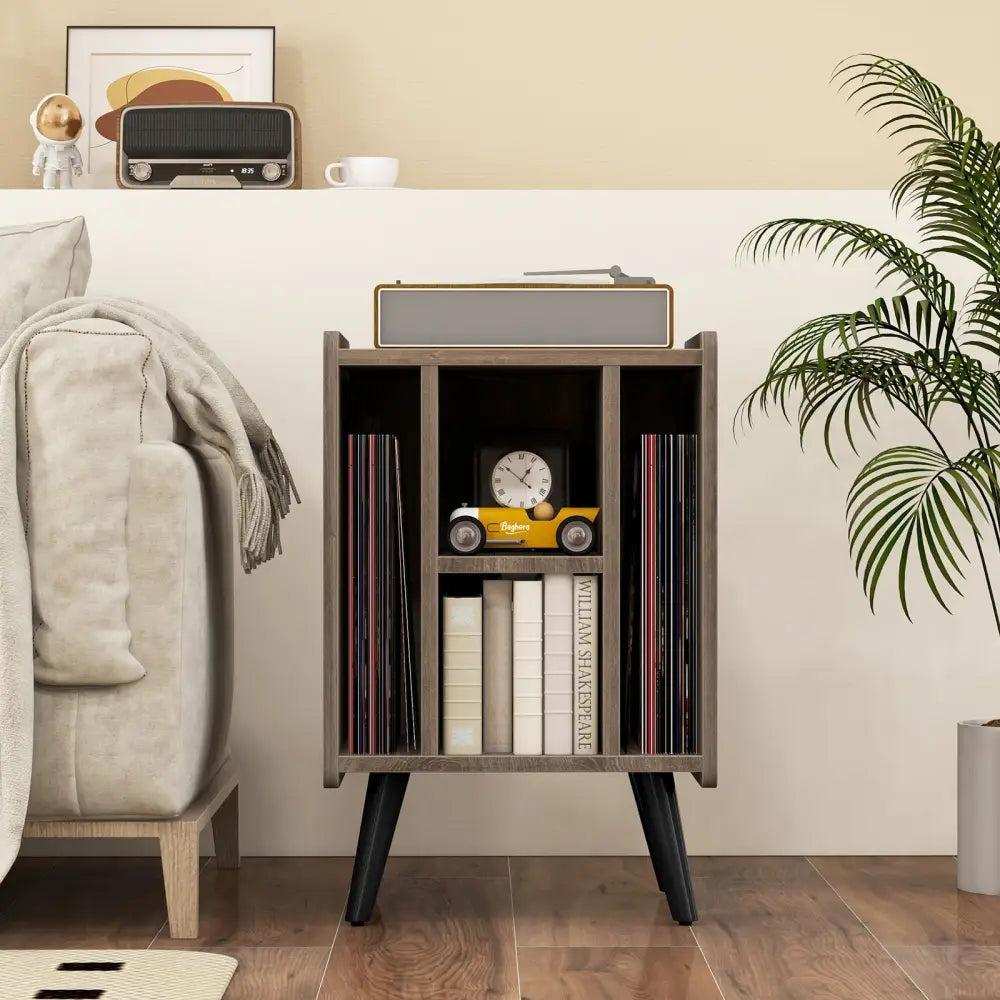 Vinyl Record Storage Turntable Stand with 4 Open Shelves-Gray - Gray - End & Side Tables