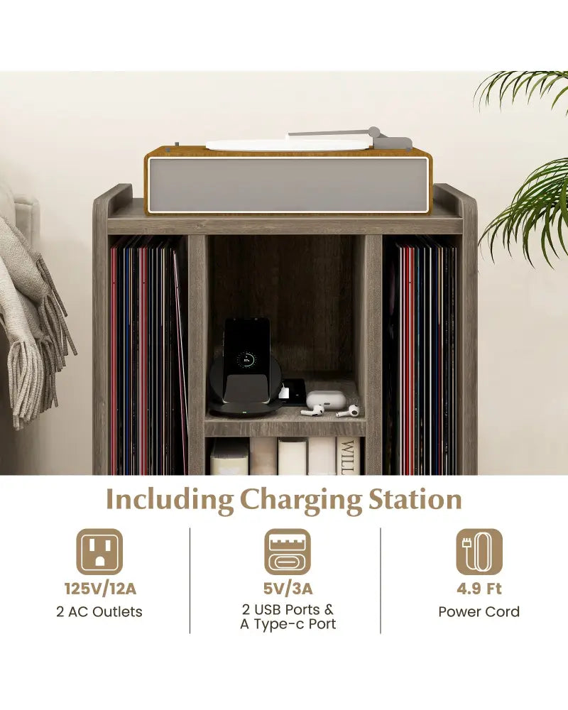 Vinyl Record Storage Turntable Stand with 4 Open Shelves-Gray - Gray - End & Side Tables