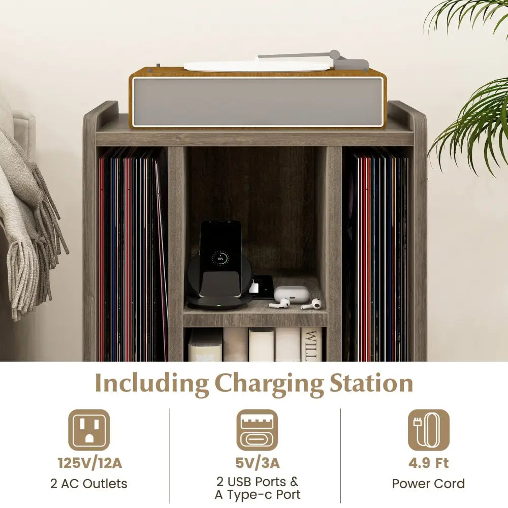Vinyl Record Storage Turntable Stand with 4 Open Shelves-Gray - Gray - End & Side Tables