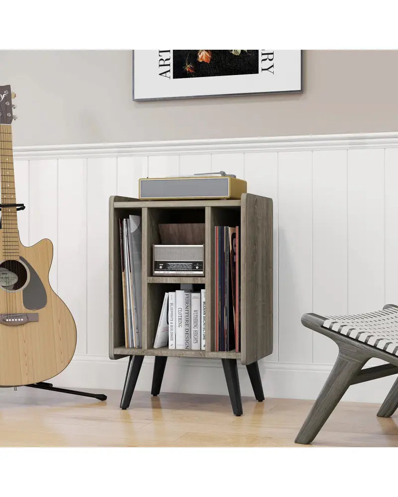 Vinyl Record Storage Turntable Stand with 4 Open Shelves-Gray - Gray - End & Side Tables