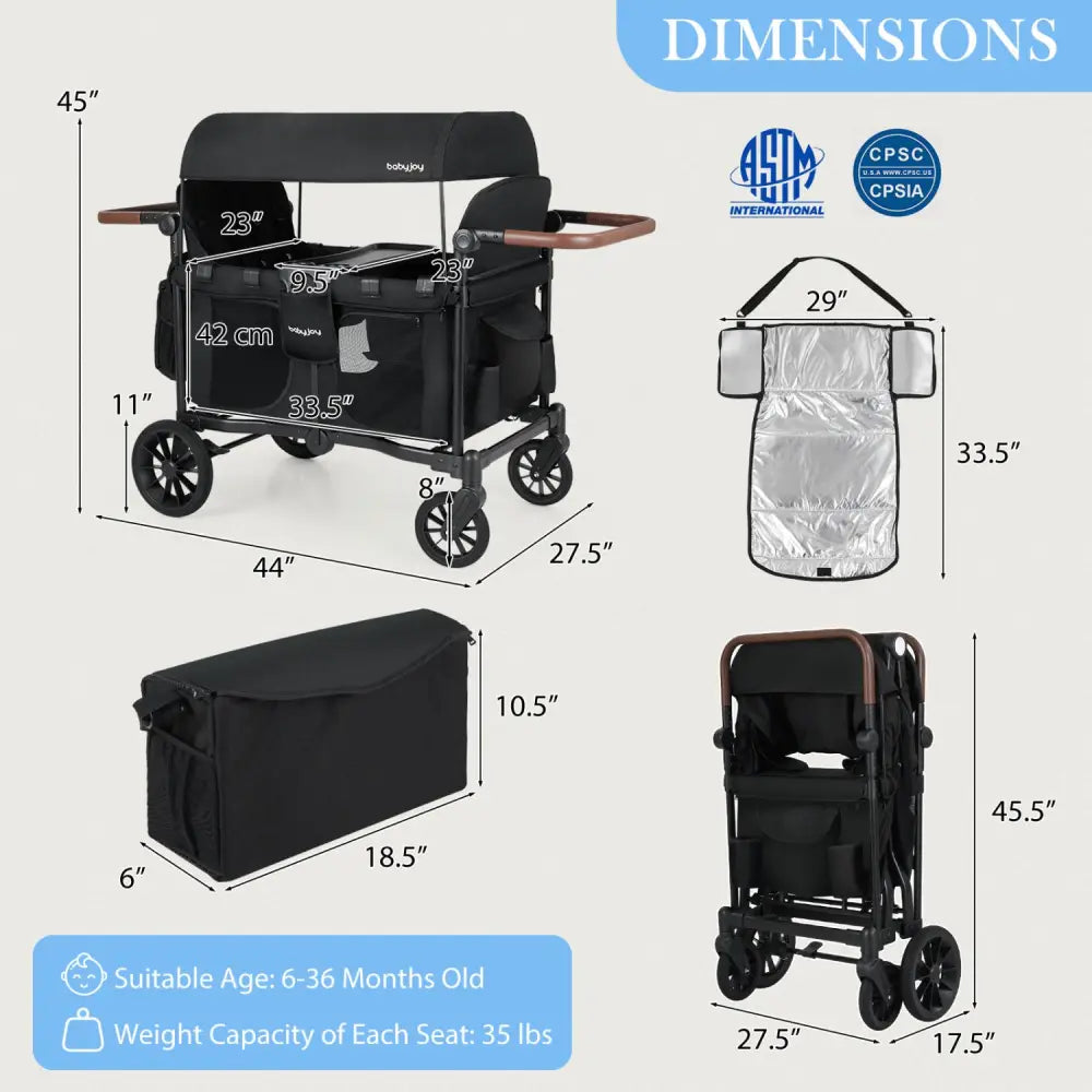 Wagon Stroller for 4 Kids Foldable 4-Seater Push-Pull Toddler Stroller-Black - Black - Baby Strollers