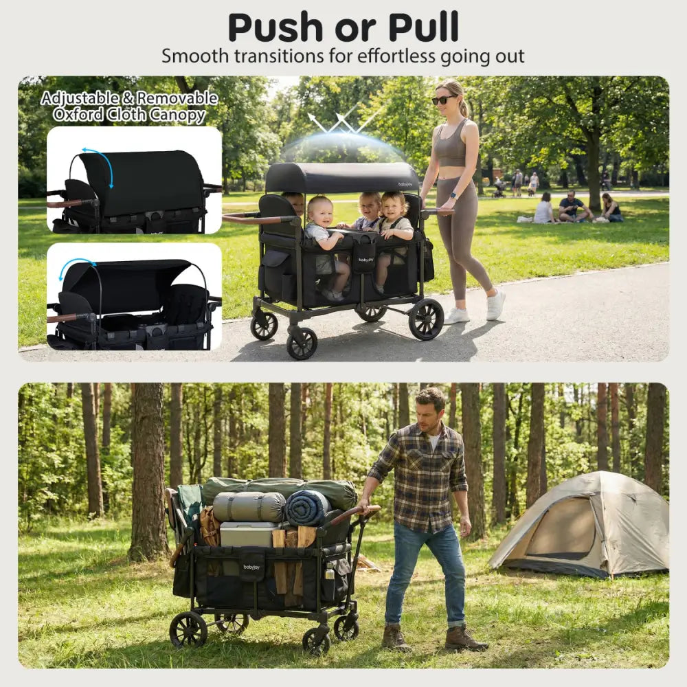 Wagon Stroller for 4 Kids Foldable 4-Seater Push-Pull Toddler Stroller-Black - Black - Baby Strollers