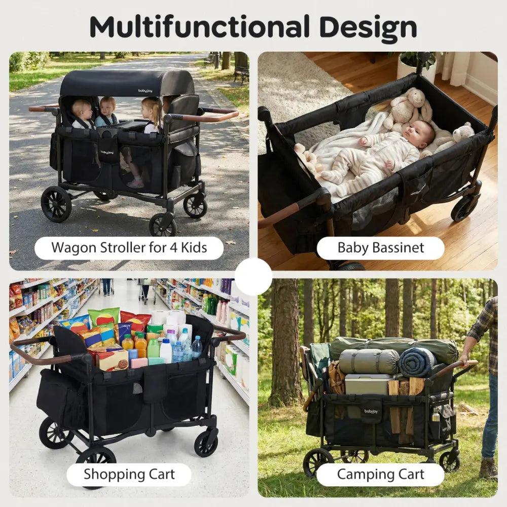 Wagon Stroller for 4 Kids Foldable 4-Seater Push-Pull Toddler Stroller-Black - Black - Baby Strollers