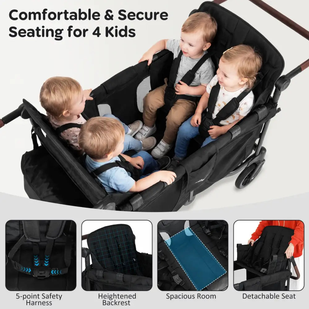 Wagon Stroller for 4 Kids Foldable 4-Seater Push-Pull Toddler Stroller-Black - Black - Baby Strollers