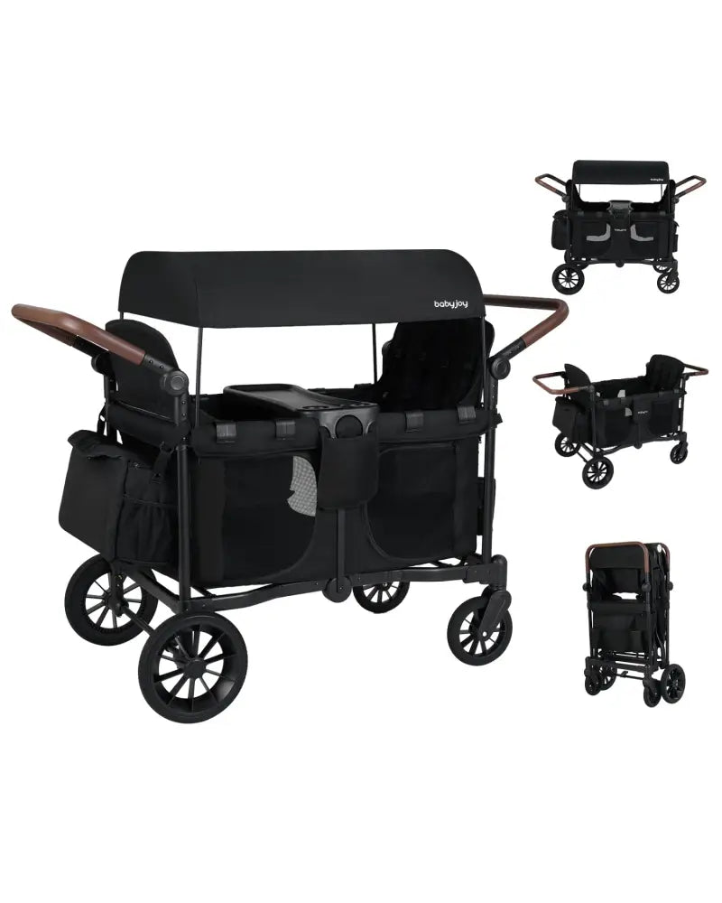 Wagon Stroller for 4 Kids Foldable 4-Seater Push-Pull Toddler Stroller-Black - Black - Baby Strollers