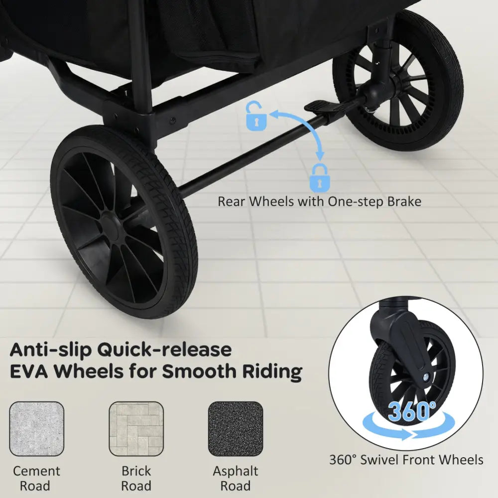 Wagon Stroller for 4 Kids Foldable 4-Seater Push-Pull Toddler Stroller-Black - Black - Baby Strollers