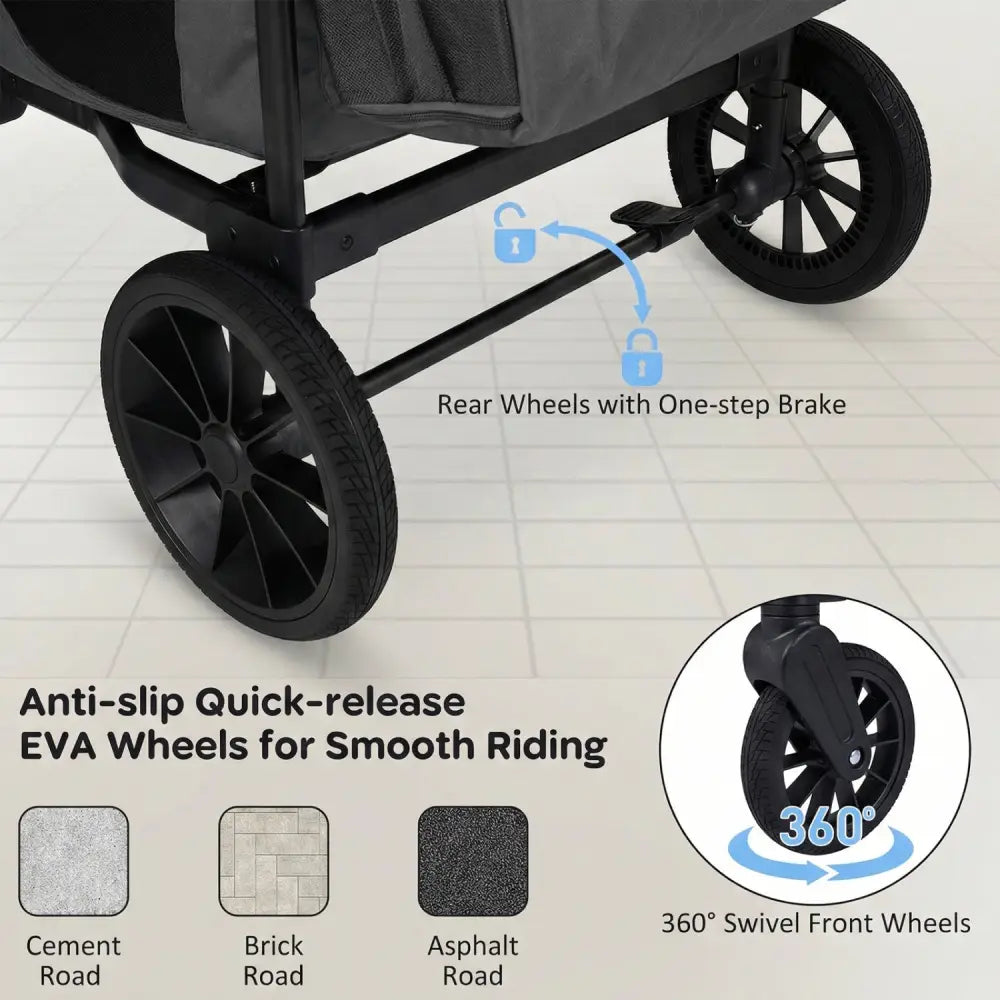 Wagon Stroller for 4 Kids Foldable 4-Seater Push-Pull Toddler Stroller-Gray - Gray - Baby Strollers