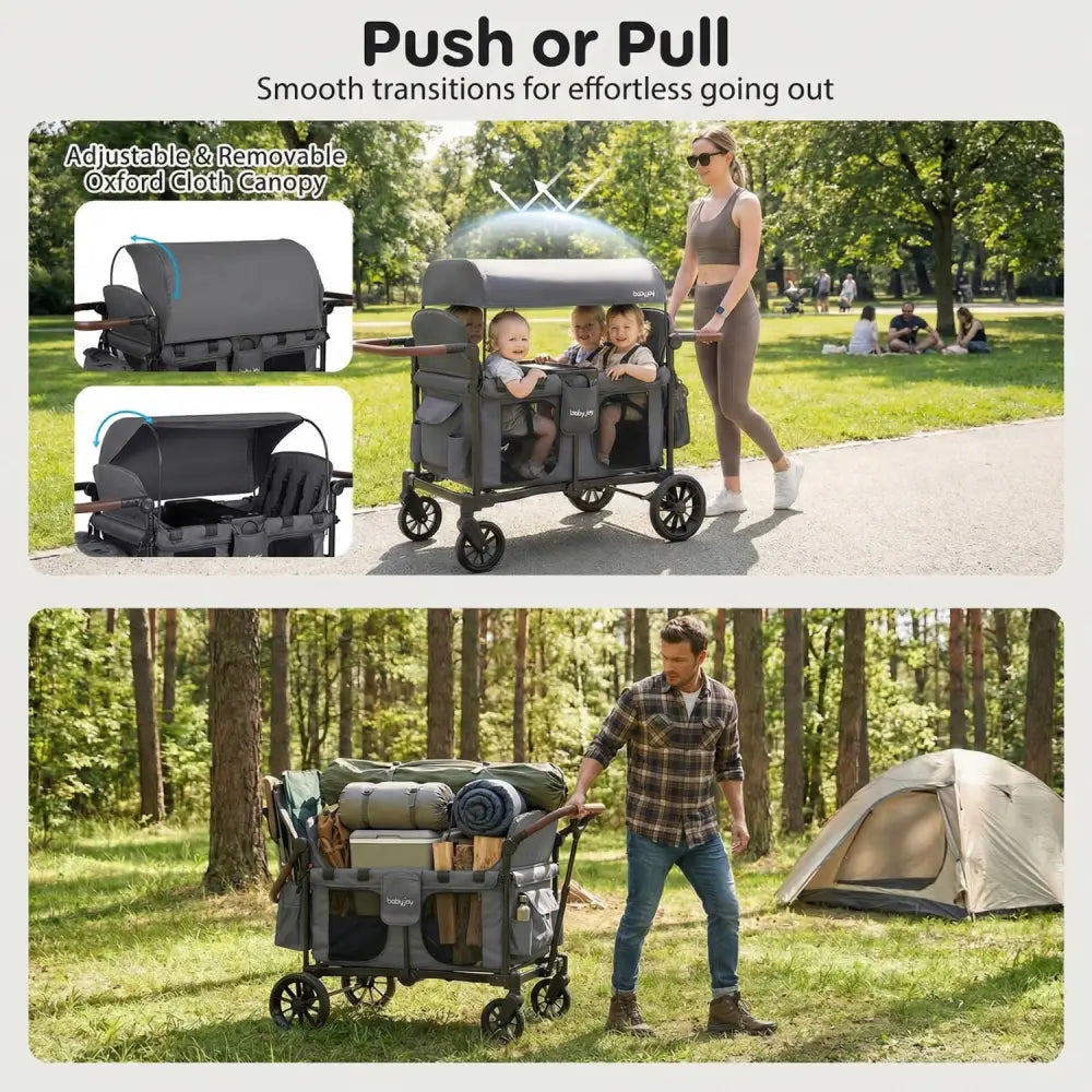 Wagon Stroller for 4 Kids Foldable 4-Seater Push-Pull Toddler Stroller-Gray - Gray - Baby Strollers