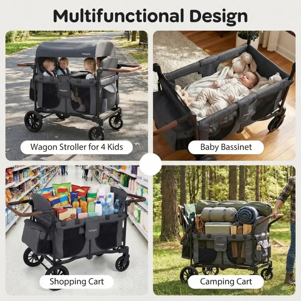 Wagon Stroller for 4 Kids Foldable 4-Seater Push-Pull Toddler Stroller-Gray - Gray - Baby Strollers
