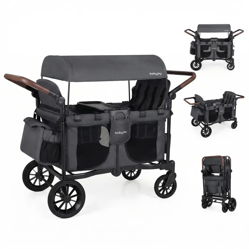 Wagon Stroller for 4 Kids Foldable 4-Seater Push-Pull Toddler Stroller-Gray - Gray - Baby Strollers