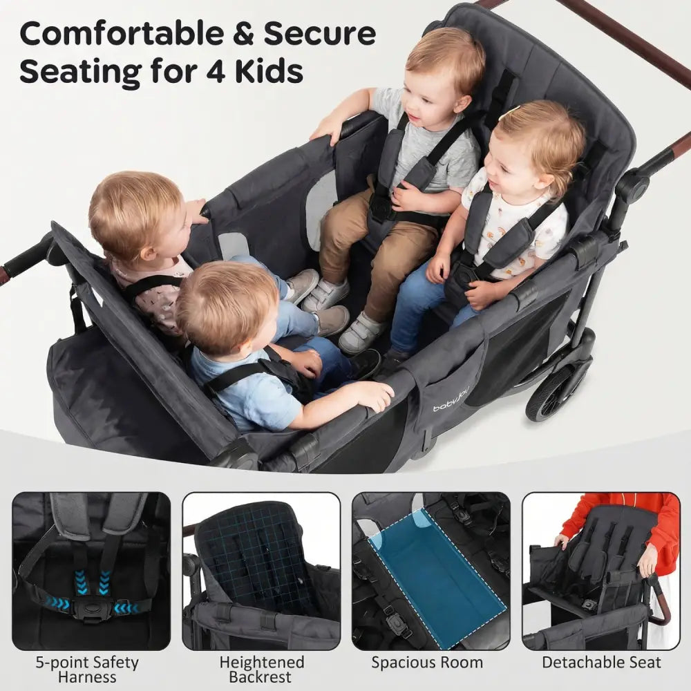 Wagon Stroller for 4 Kids Foldable 4-Seater Push-Pull Toddler Stroller-Gray - Gray - Baby Strollers