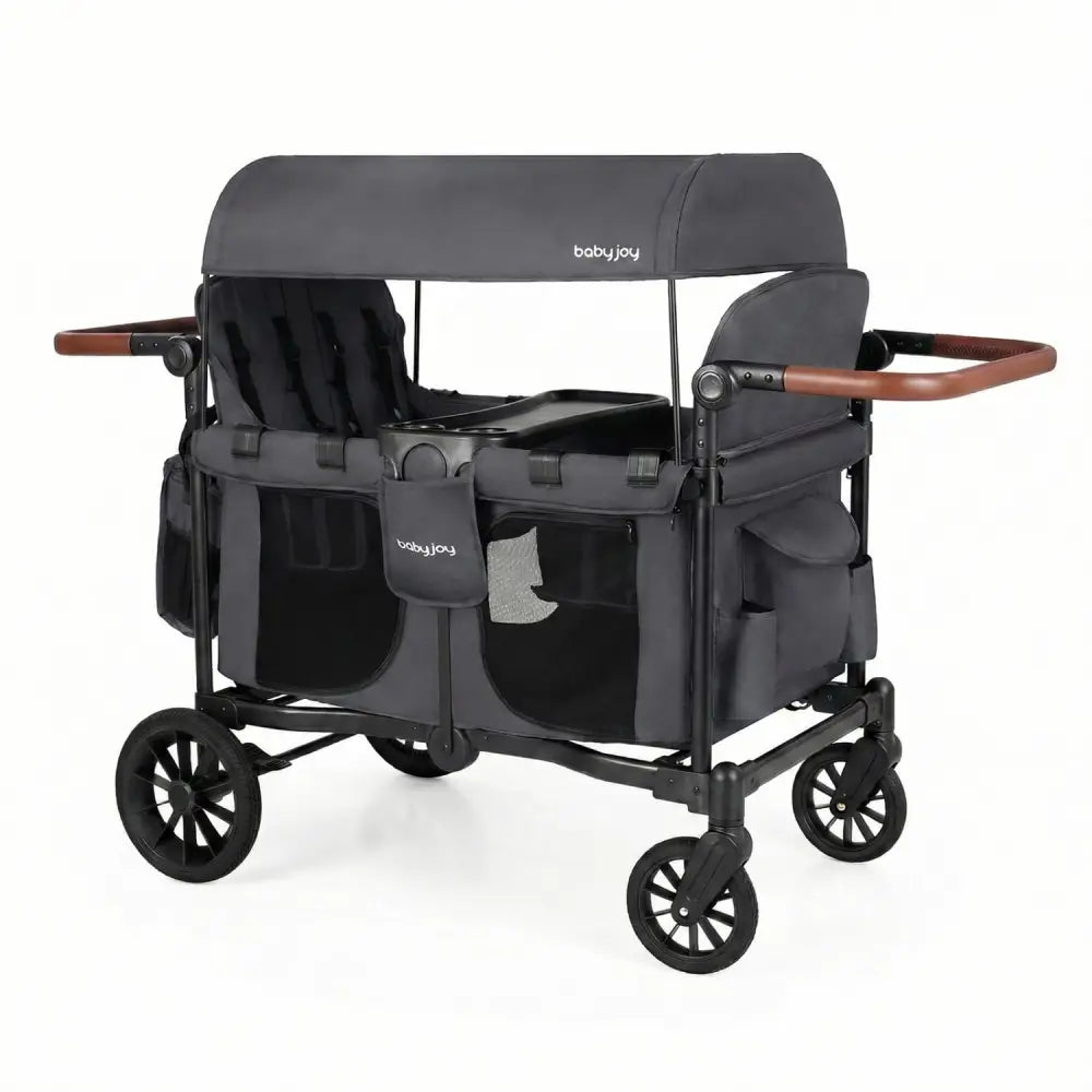 Wagon Stroller for 4 Kids Foldable 4-Seater Push-Pull Toddler Stroller-Gray - Gray - Baby Strollers