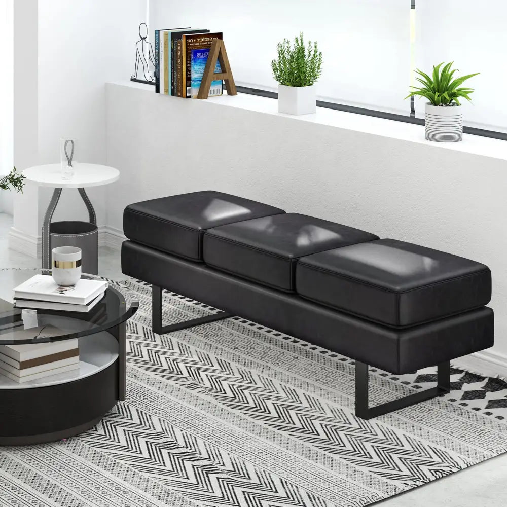 Waiting Room Bench Seating Long Bench with Metal Frame Leg-Black - Black - Shoe Racks & Storage Benches
