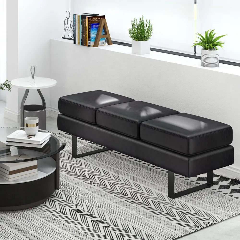 Waiting Room Bench Seating Long Bench with Metal Frame Leg-Black - Black - Shoe Racks & Storage Benches