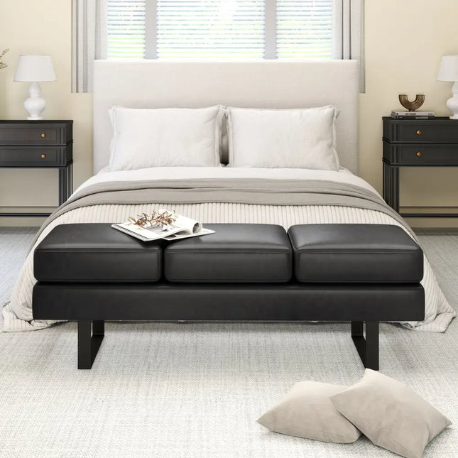 Waiting Room Bench Seating Long Bench with Metal Frame Leg-Black - Black - Shoe Racks & Storage Benches