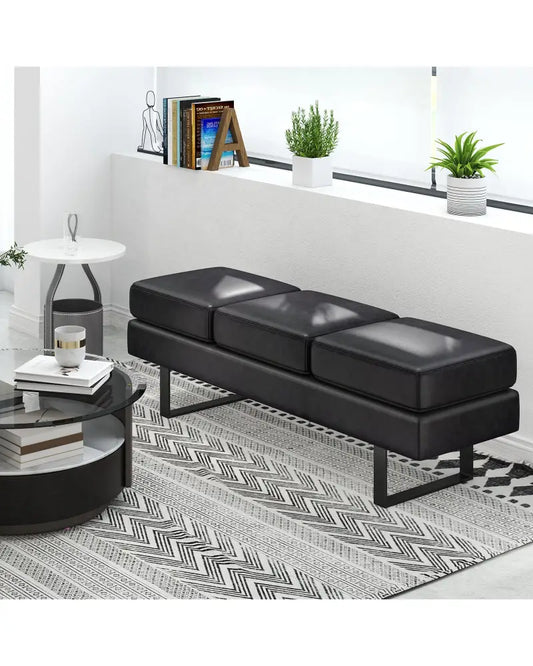 Waiting Room Bench Seating Long Bench with Metal Frame Leg-Black - Black - Shoe Racks & Storage Benches