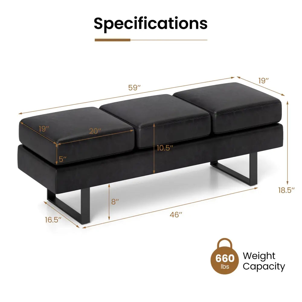 Waiting Room Bench Seating Long Bench with Metal Frame Leg-Black - Black - Shoe Racks & Storage Benches
