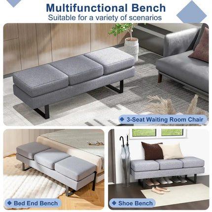 Waiting Room Bench Seating Long Bench with Metal Frame Leg-Gray - Gray - Shoe Racks & Storage Benches
