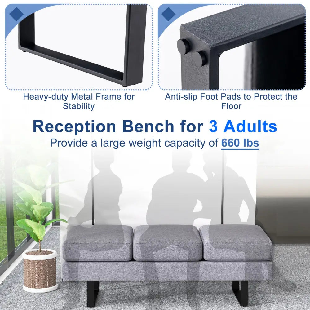 Waiting Room Bench Seating Long Bench with Metal Frame Leg-Gray - Gray - Shoe Racks & Storage Benches