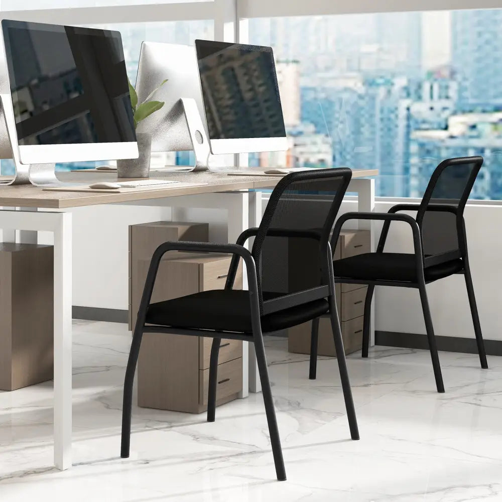 Waiting Room Chair Set of 2 Office Guest Chairs with Ergonomic Mesh Backrest-Black - Black - Conference Chairs