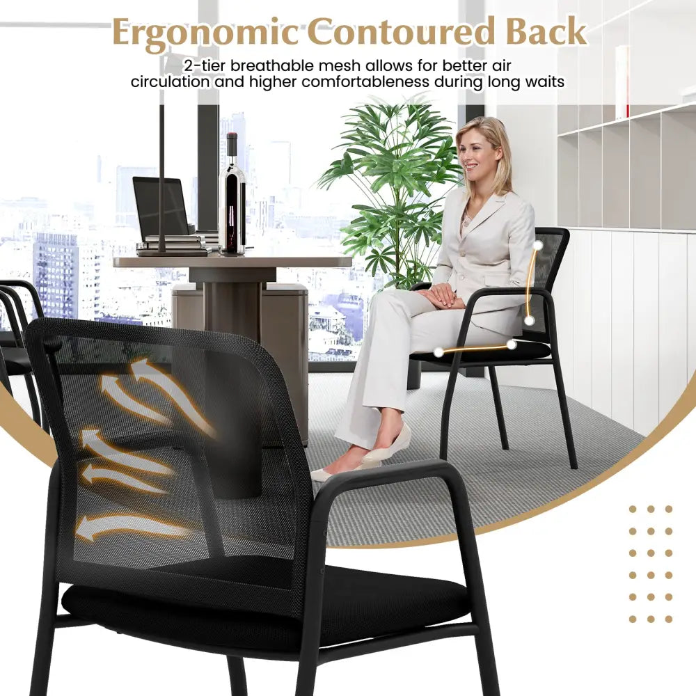 Waiting Room Chair Set of 2 Office Guest Chairs with Ergonomic Mesh Backrest-Black - Black - Conference Chairs