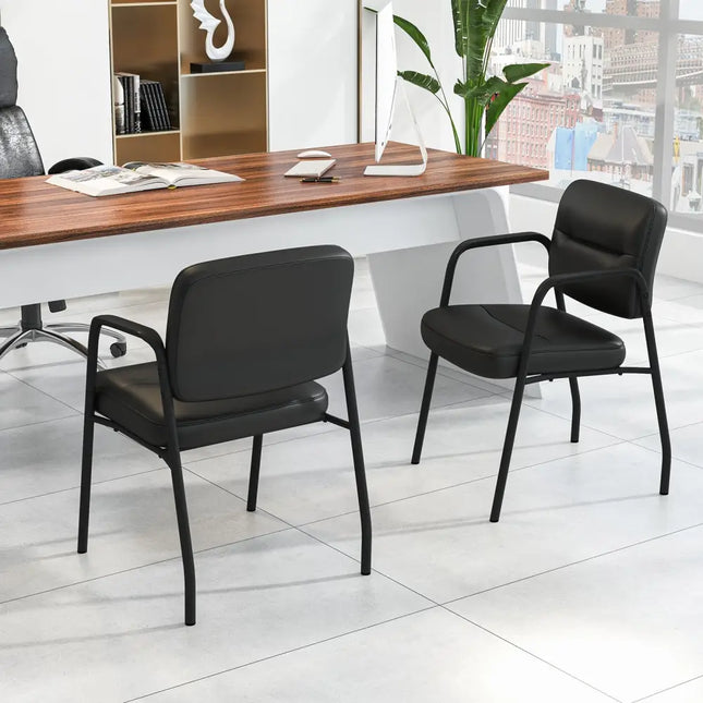 Waiting Room Guest Chair Set of 2 Upholstered Reception Chairs with Mixed PU Leather and Integrated Armrests-Black