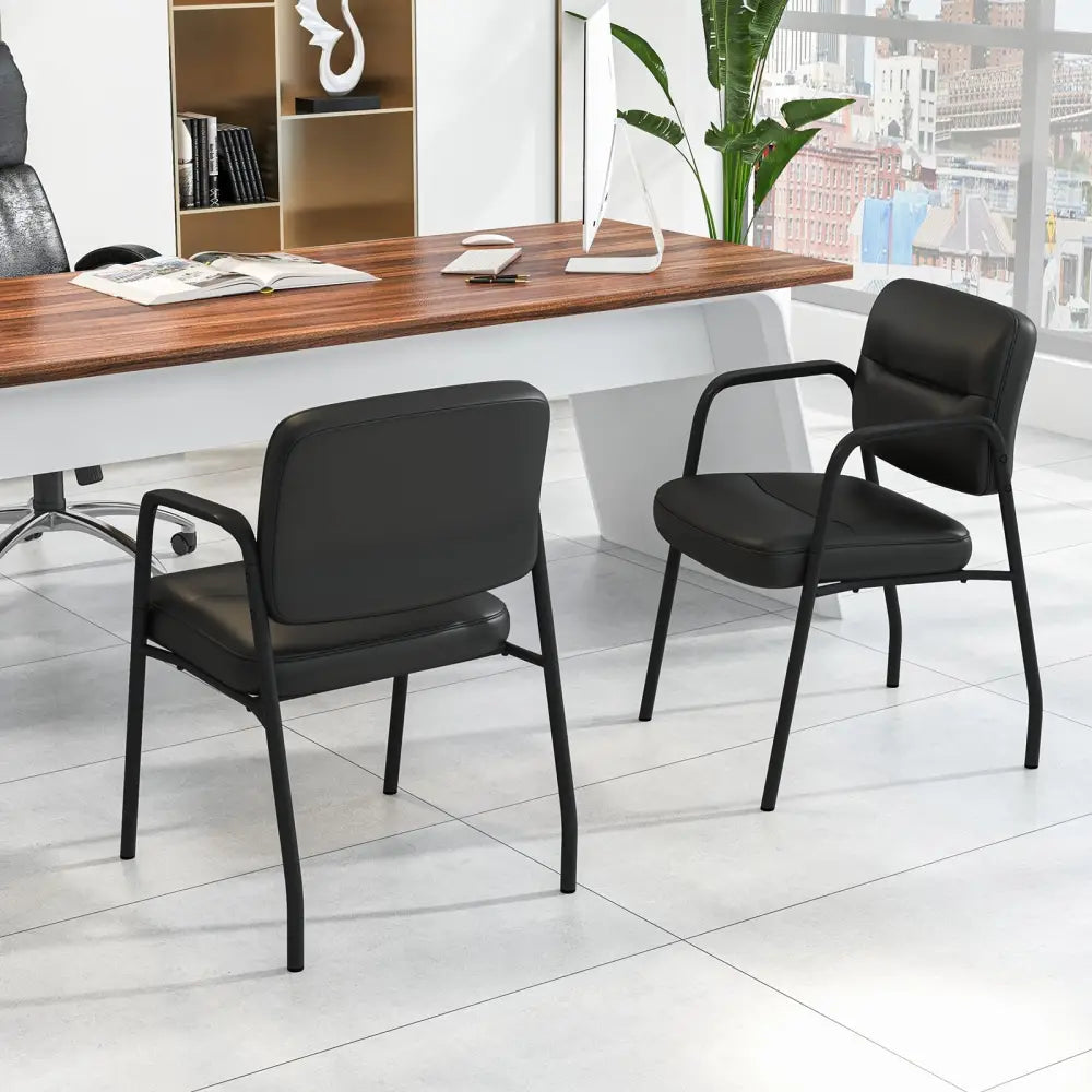Waiting Room Guest Chair Set of 2 Upholstered Reception Chairs with Mixed PU Leather and Integrated Armrests-Black