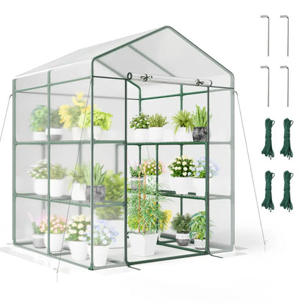 Walk-in Greenhouse with 3 Tiers 8 Shelves PVC Cover Roll-up Zippered Door - Transparent - Greenhouses