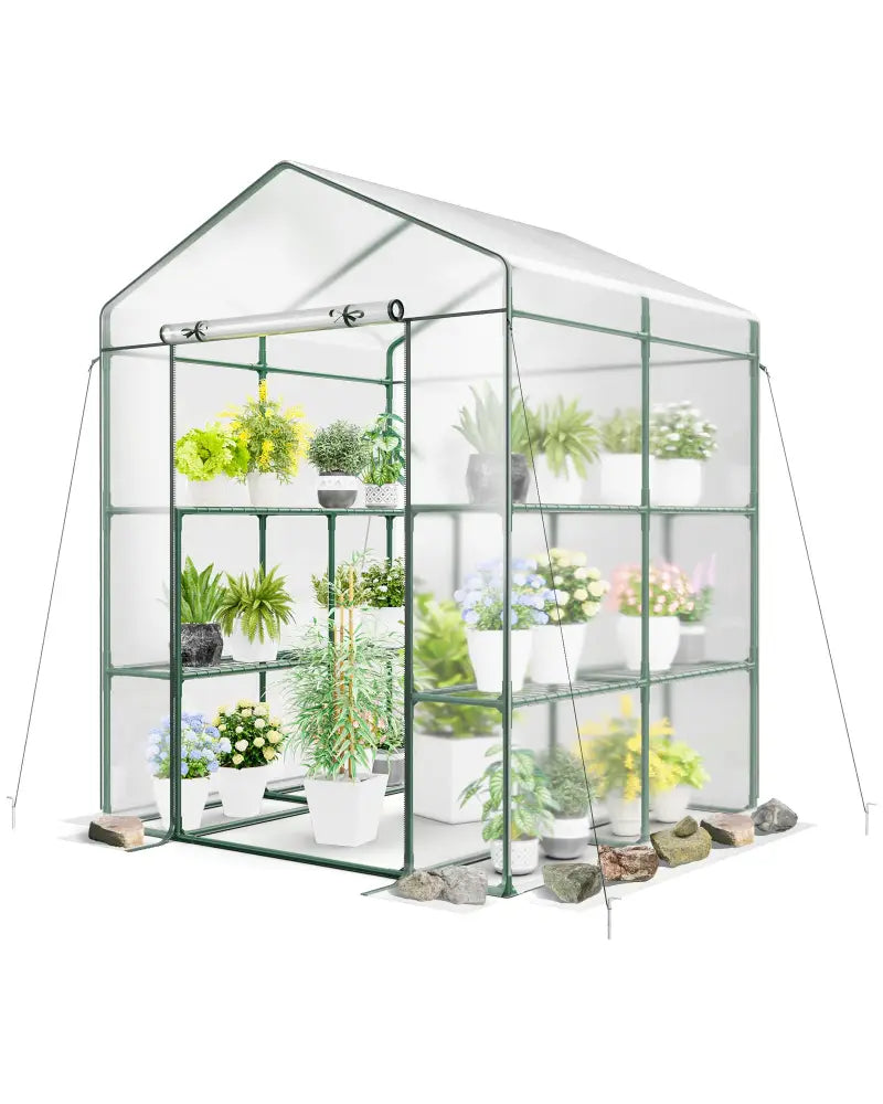 Walk-in Greenhouse with 3 Tiers 8 Shelves PVC Cover Roll-up Zippered Door - Transparent - Greenhouses