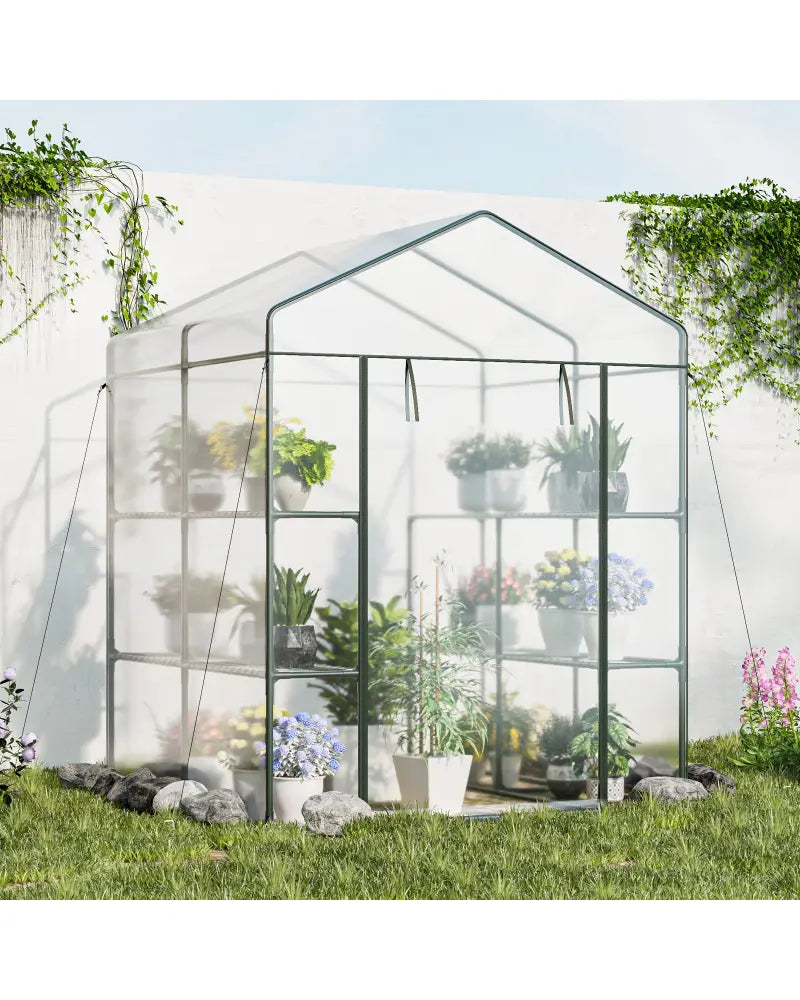 Walk-in Greenhouse with 3 Tiers 8 Shelves PVC Cover Roll-up Zippered Door - Transparent - Greenhouses