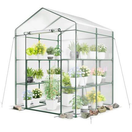 Walk-in Greenhouse with 3 Tiers 8 Shelves PVC Cover Roll-up Zippered Door - Transparent - Greenhouses