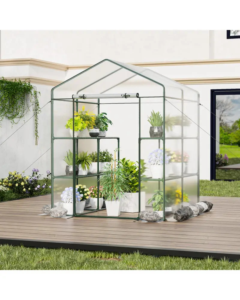 Walk-in Greenhouse with 3 Tiers 8 Shelves PVC Cover Roll-up Zippered Door - Transparent - Greenhouses