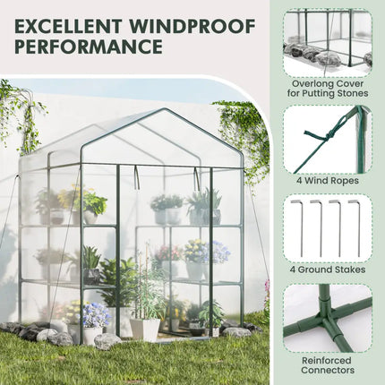 Walk-in Greenhouse with 3 Tiers 8 Shelves PVC Cover Roll-up Zippered Door - Transparent - Greenhouses