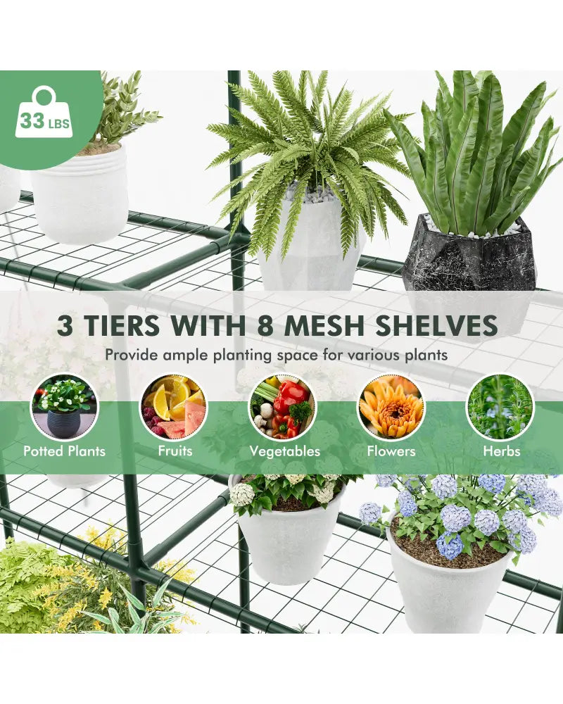 Walk-in Greenhouse with 3 Tiers 8 Shelves PVC Cover Roll-up Zippered Door - Transparent - Greenhouses