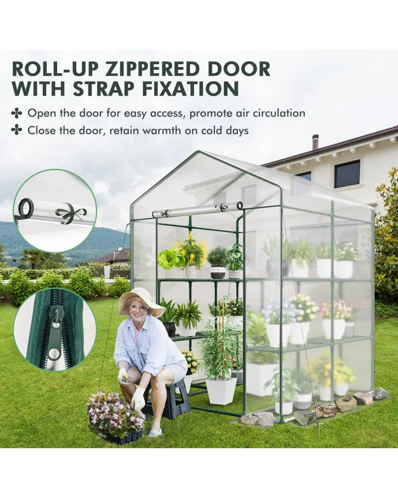 Walk-in Greenhouse with 3 Tiers 8 Shelves PVC Cover Roll-up Zippered Door - Transparent - Greenhouses