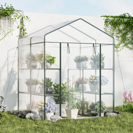 Walk-in Greenhouse with 3 Tiers 8 Shelves PVC Cover Roll-up Zippered Door - Transparent - Greenhouses